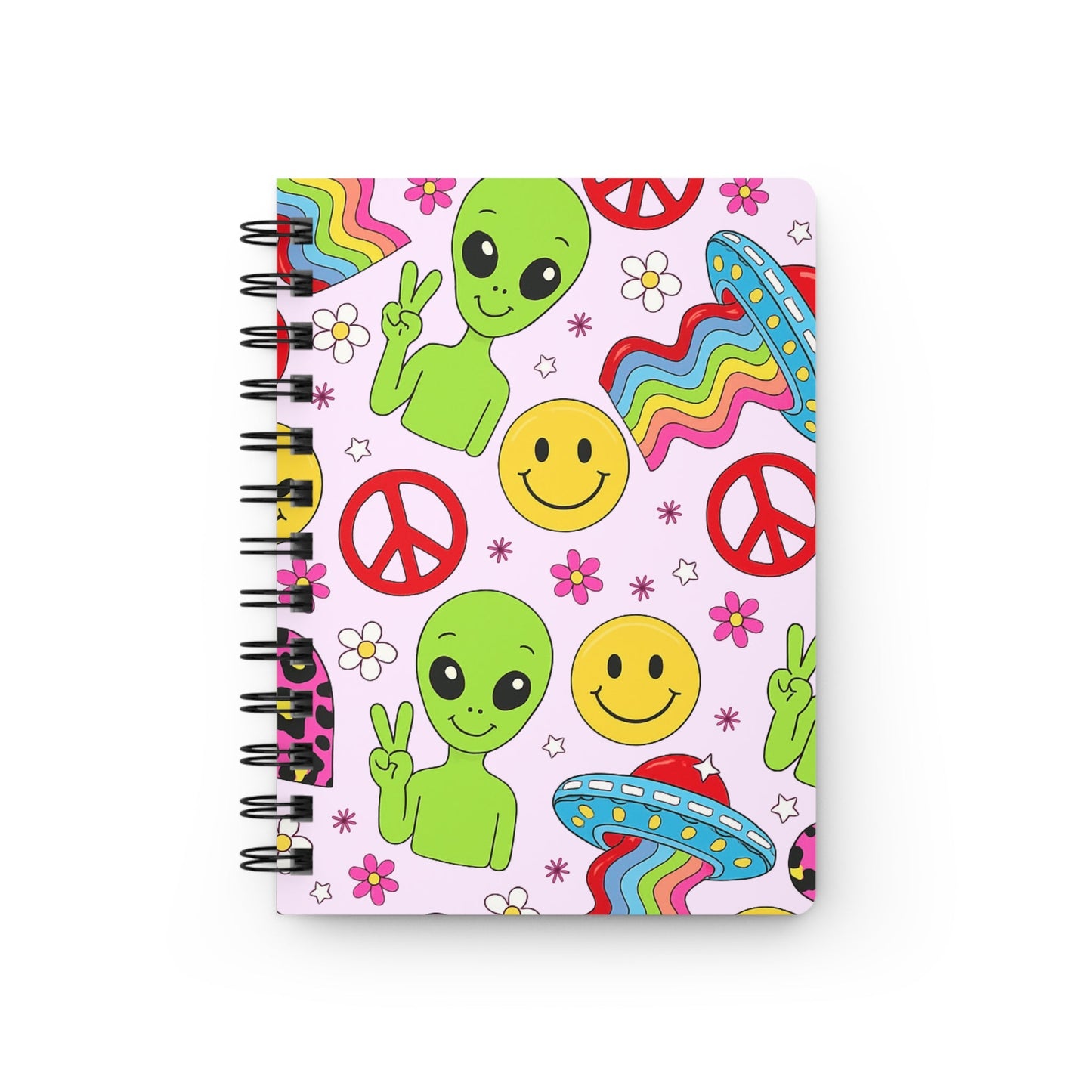 Groovy Alien Peace Spiral Bound Journal – Retro 90s Smiley UFO & Rainbow Notebook Spiral Bound Journal
