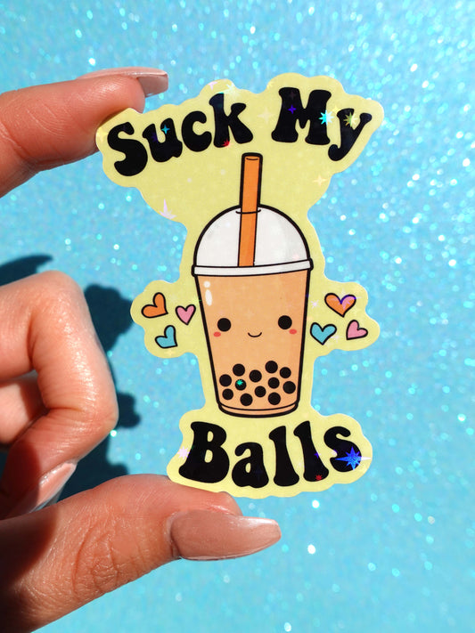 Suck My Balls Sticker – Funny Boba Tea Holographic Vinyl Sticker