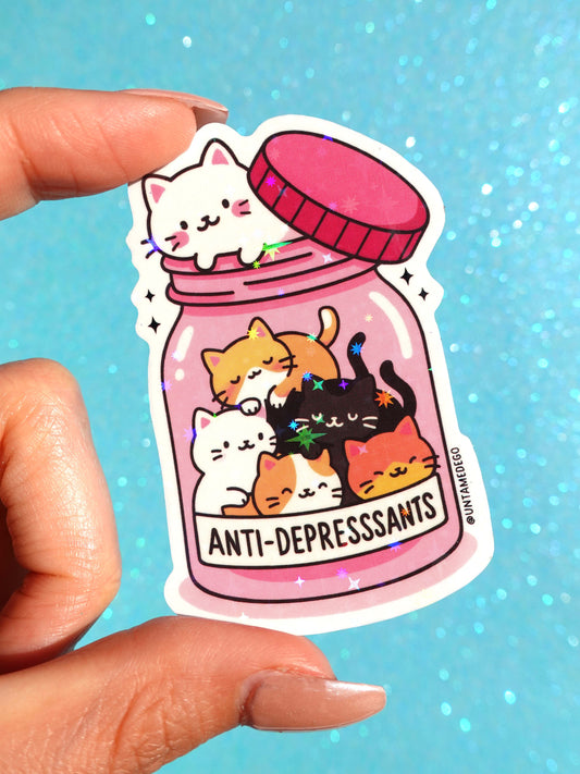OOPSIE STICKER- Anti-Depressants Cats Sticker – Cute Kawaii Glitter Vinyl Sticker