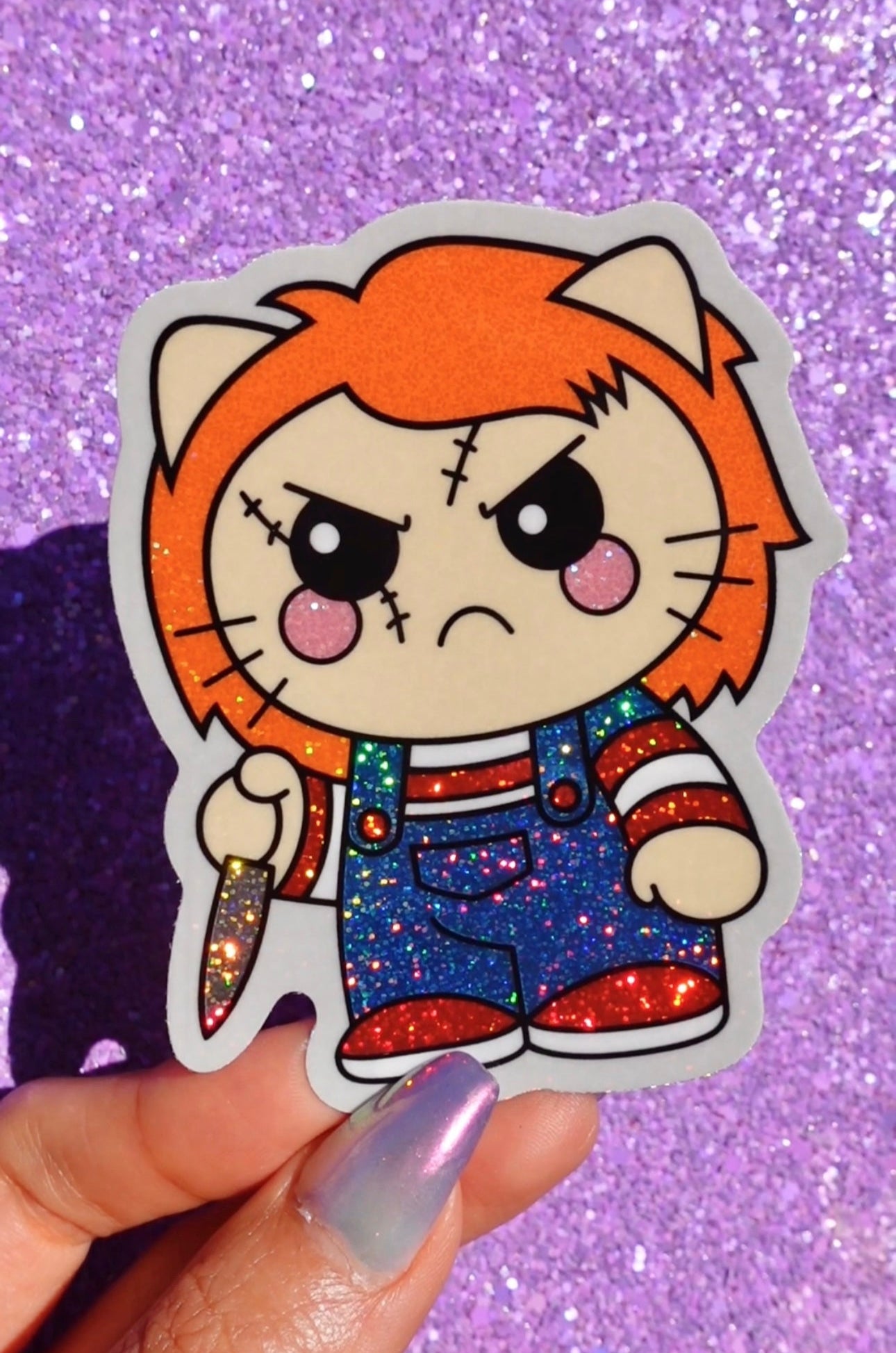 Chucky Glitter Chibi Sticker – Cute Horror Killer Doll Glitter Vinyl Halloween Sticker