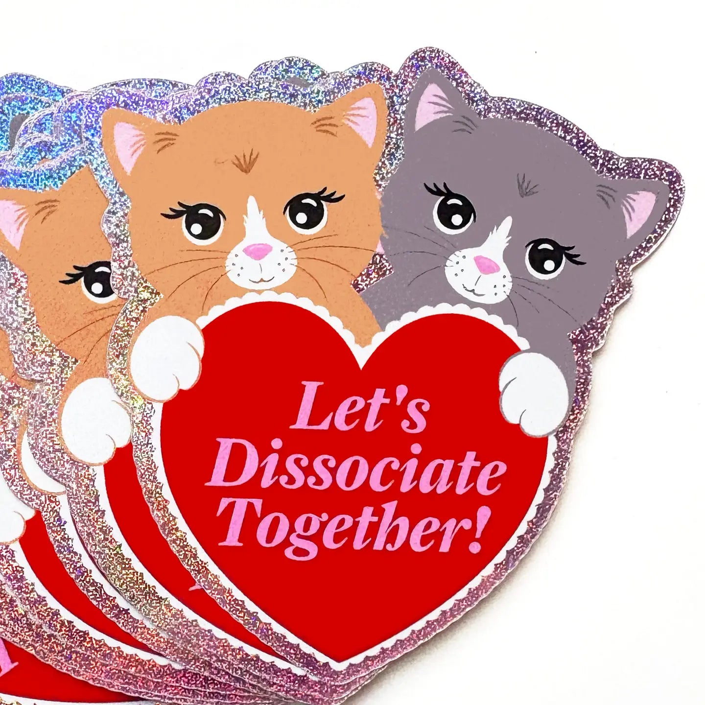 Holographic Glitter Kitten Heart Sticker-Let's Dissociate Together Kitties Heart Sticker