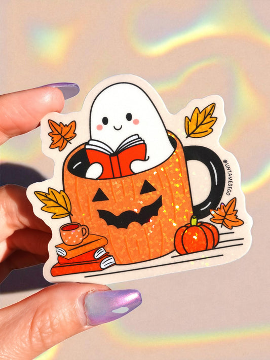 Ghost in Pumpkin Mug Sticker – Cozy Fall Glitter Vinyl Sticker