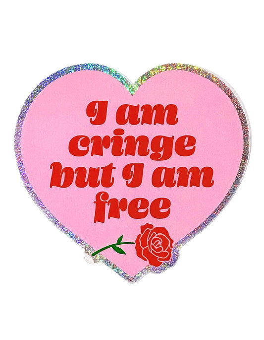 Holographic Glitter Heart Sticker – I Am Cringe But I Am Free Vinyl Sticker
