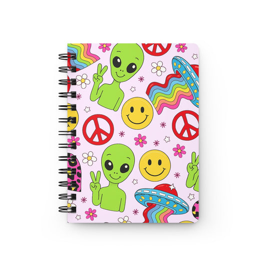 Groovy Alien Peace Spiral Bound Journal – Retro 90s Smiley UFO & Rainbow Notebook Spiral Bound Journal