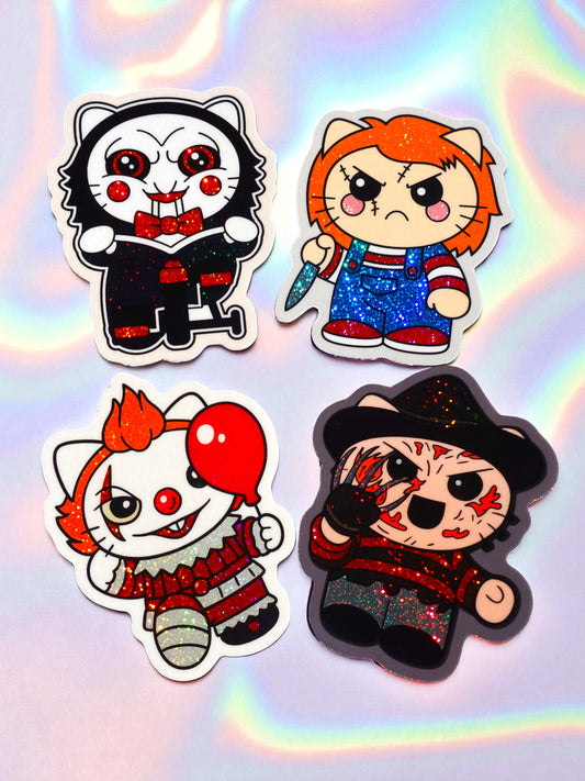Chibi Horror Sticker Set – Cute Slasher Glitter Vinyl Decals (4 Pack)