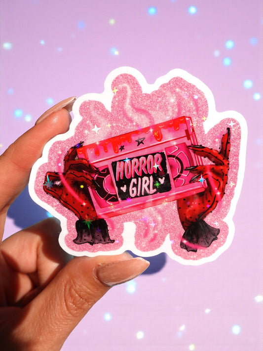 Horror Girl Sticker – Pink VHS Tape Holographic Vinyl Sticker
